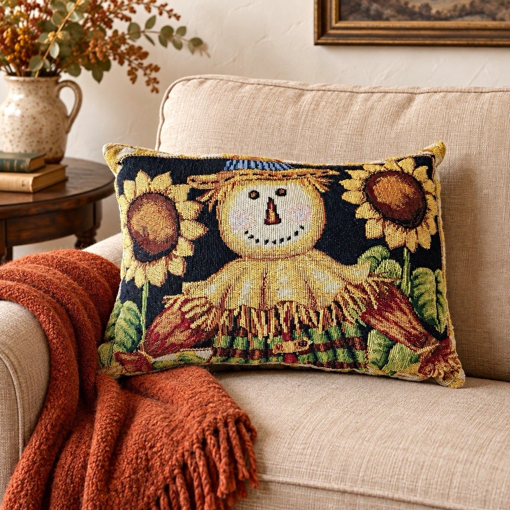 Vintage Tapestry Scarecrow Sunflower Throw Pillow Fall Farmhouse Decor 16x12